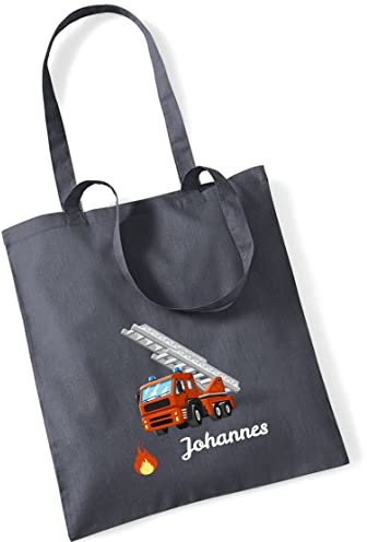 minimutz Jutebeutel Feuerwehr-Auto und Namen | Stofftasche aus Baumwolle für Jungen | Kinderbeutel Tragetasche für Kita Kindergarten Wechselwäsche