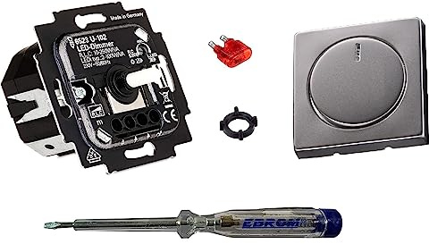 Busch Jäger 6523U-102 LED-Drehdimmer LED-Dimmer mit Dimmerscheibe Zentralplatte 6540-866-102 in PUR Edelstahl Optik inklusive EBROM Phasenprüfer zur Montage des Dimmers (6523 U – 102)