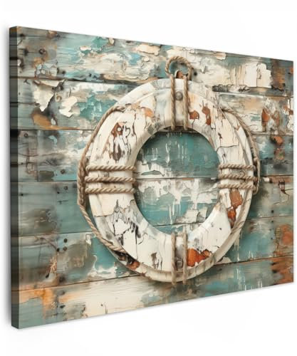 MuchoWow© Leinwand 70x50 cm Deko Schlafzimmer Aesthetic Leinwandbilder Wohnzimmer Gemälde Foto Geschenk Living Room Decoration Maritime - Boje - Rettungsring - Holz - Maritim