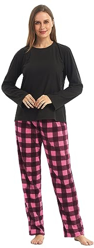 YUSHOW Schlafanzug Damen Lang Zweiteiliger Winter Pyjama Lange Oberteile Microfleece Karierte Pyjamahose Hausanzug Kuschelig Frauen Weihnachts Lounge Set,Schwarz+Rosa Kariert,L
