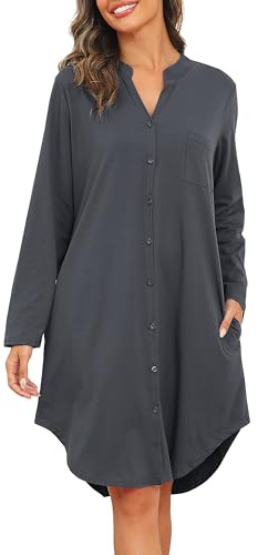 Vlazom Camicia da Notte Cotone con Bottoni a Maniche Lunghe Davanti Curvy Scollo a V，Grigio Scuro，S