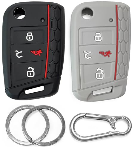 Click&Fit Silikon Autoschlüssel-Hüllen kompatibel mit VW Golf 7, Tiguan, Polo, Jetta, Passat, Atlas & Skoda Octavia, Superb, Kodiaq – Kfz-Fernbedienung Schlüsselschutz, Schwarz+Grau