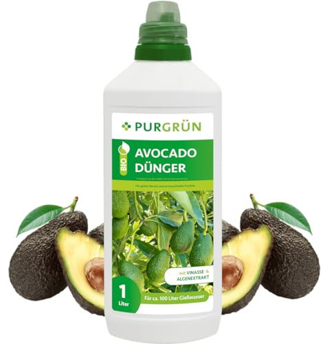 Purgrün® Bio-Avocado-Dünger 1 Liter – Organische Rezeptur – Premium-Flüssigdünger – NPK 4+1+7 – Mit Algenextrakt & Vinasse – Extra Kalium für prächtige Avocados – Ohne tierische Inhaltsstoffe