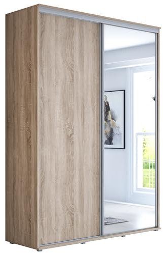 Meble Slupia Schwebetürenschrank Maja 1 - Kleiderschrank mit Spiegel, Schiebetürenschrank, Kleiderstange und Einlegeboden - Schlafzimmerschrank Schiebetüren - 150 x 242 x 61 cm, Eiche Sonoma