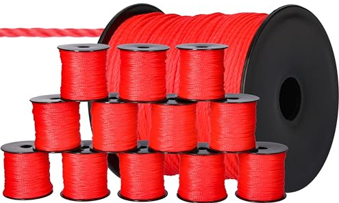 ToolSpace 12x Cordeau de maçon 100m x 1.6mm Rouge Ficelle de Construction - Soie de polypropylène - Fil de Maçon Ligne de Guidage Ficelle d'alignement, de Plomb, de Pavage d'épaisseur Cordon de Pose