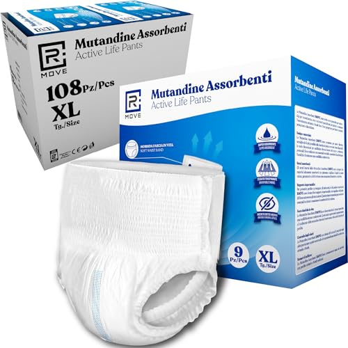 R MOVE 108 mutande incontinenza uomo e donna assorbenti taglia XL, pannoloni a mutandina unisex, mutandine adulto anziani, mutanda per adulti massima libertà di movimento (12 Confezioni, XL)