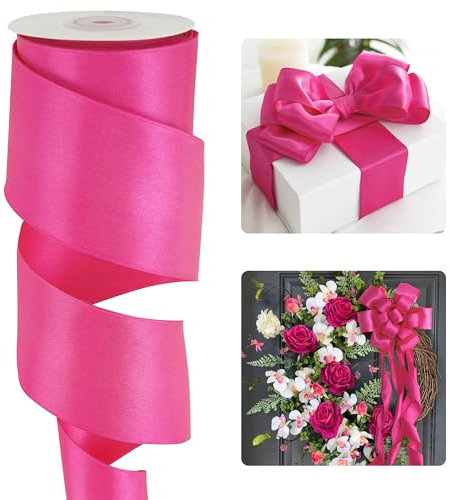 HUIHUANG Satinband mit Draht, 6,3 cm, Fuchsia, Pink, mit Drahtrand, für Kränze, Schleifen, Geschenkverpackungen, Girlande, Heimdekoration, Basteln, Weihnachtsbaumschleifen, kontinuierlich, 9,1 m
