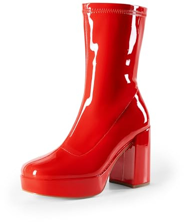DREAM PAIRS Stivali da donna a metà polpaccio con plateau e tacco a blocco, punta quadrata, Rosso-pat, 43 EU