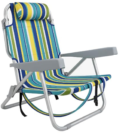 TIENDA EURASIA – Silla de Playa Plegable | 61x28x85.5 cm | Rayas Multicolor | Sistema de Transporte Tipo Mochila | Aluminio y Textileno | 4 Posiciones | Cojín reposacabezas | 2 Bolsas con Cremallera