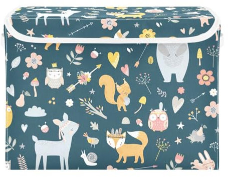 ISAOA Großer Spielzeugkorb mit Deckel, niedliche Waldtiere, Eichhörnchen, Bär, Hirsch, Fuchs, Eule, Aufbewahrungskörbe, Korb, zusammenklappbarer Organizer für Schlafzimmer, Spielzimmer, Decke,