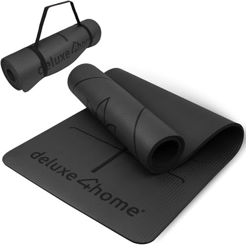 deluxe4home® Premium Yogamatte Gymnastikmatte Schwarz I Phthalatfreie NBR Fitness Matte Rutschfest mit Tragegurt I Sportmatte für Yoga & Pilates I Trainingsmatte mit Ausrichtungslinien