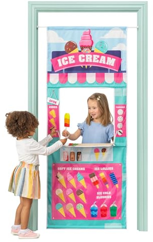 Pop Up Play Town Hanging Doorway Ice Cream Shop, Kids Role Play Toys with Curtain and Tension Rod for Kids 3-7