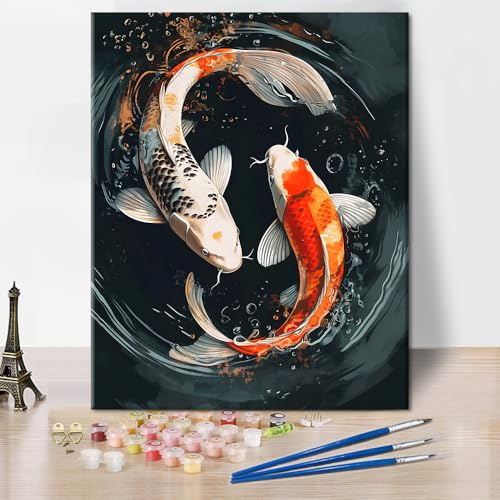 TISHIRON måla efter siffror vuxen fisk måla efter siffror kit för vuxna Yin Yang akryl måla med siffror kit på duk djur oljemålning för heminredning 40 x 50 cm (ramlös)