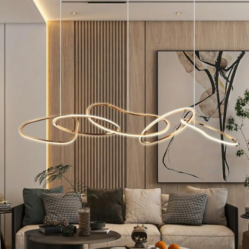 XinZe Moderne Pendelleuchte Dimmbare LED Pendelleuchte Unregelmäßiges Rundes Design Licht Höhenverstellbar Acrylschirm Esstisch Pendelleuchte Geeignet Für Küche Schlafzimmer Wohnzimmer Gold Farbe