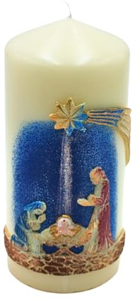 Vela de pilar 3D hecha a mano XL, de alta calidad, vela del altar, vela de nacimiento de Cristo, vela cristiana con elaborada decoración de la Sagrada Familia en color crema, tamaño: 8 x 18 cm (ancho
