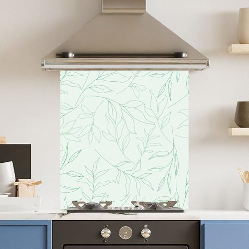 Toughened 6mm Glass Kitchen Splashback 60 x 65cm Mint Green Leaf Pattern Heat Resistant Back Splash for Cookers Hob