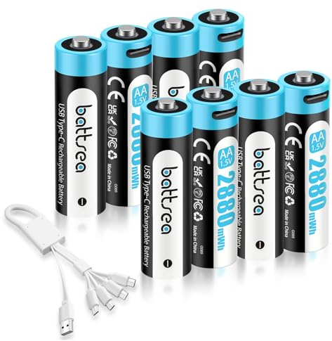 Battsea 2880 mWh AA Batterie mit Wiederaufladbare 4-in-1 Type-C aa Akku 1,5 V AA Aufladbare Rechargeable Batterie Akku mit Ladegerät | 4-in-1 Ladesystem, Typ-C Anschluss, für Fernbedienung, Spielzeug, Maus, Tastatur