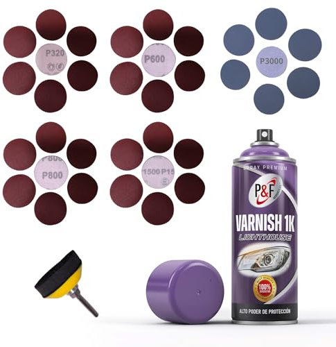 AEROSOLES P&F KIT RESTAURAR FAROS - Spray barniz 1K - Laca, restaura y protege de los rayos UV. Adherencia en policarbonato. Alto brillo. VARNISH CAR HEADLIGHTS MILTISUPERFICIE. 400 ml