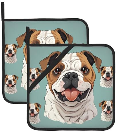 Topflappen Set mit 2 Topflappen für die Küche, hitzebeständige Topflappen, lustige englische Bulldogge, Backofen, heiße Pads, rutschfeste Topfmatte für Küche zum Kochen, Grillen und Backen