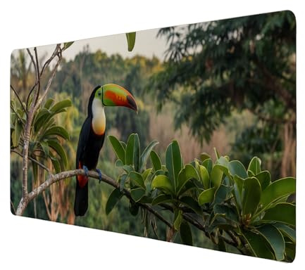 Tukan im Dschungel Schreibtischunterlage 69x31cm XXL Mauspad - Exotisches Design für Ihr Büro Foto des Tukan mit orangefarbenem Schnabel auf grünem Ast Beruhigende Blätter