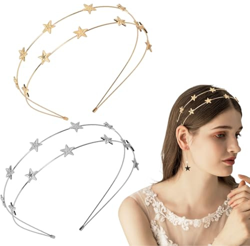 Husalsea Stern-Haarreifen Mädchen, Gold und Silber Haarreif mit Sternen, Doppel-Schicht Stern Haarbänder Haarschmuck Damen für Weihnachten, Feste und besondere Anlässe