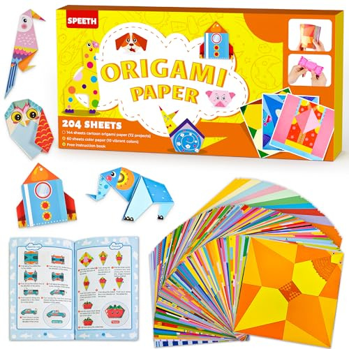Origami Set for Kids, with Guiding Book, 204 Sheets Paper with 72 Patterns, DIY Art Kit and Craft Projects Activity, Beginners Children's Day Gift Childs Boys Girls