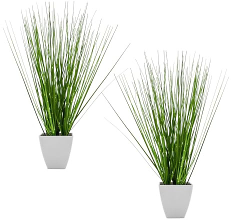 Spetebo Kunst Dekogras grün 44 cm im weißen Topf - 2er Set - Künstliches Zebragras mit Blumentopf - Kunstpflanze Zimmerpflanze Deko Gräser Grasbündel Ziergras
