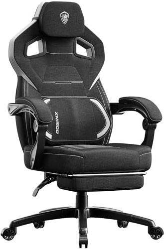 Dowinx Stoff-Gaming-Stuhl mit Fußstütze, großer und hoher ergonomischer Gamer-Stuhl mit Lendenstütze, breiter Computerstuhl für schwere Personen, Schwarz