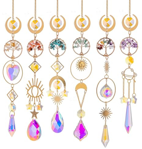 Vbvbip 6 Pcs Suncatchers for Garden & Windows Hanging - Rainbow Prism Sun Catchers with Amethyst, Citrine, Carnelian, Green Aventurine, Turquoise, Healing Crystals Home Decor