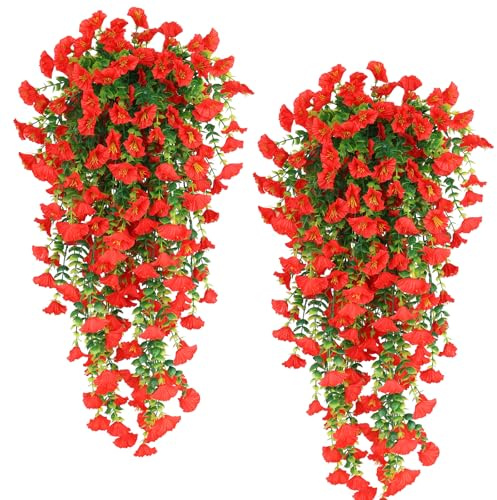 HBell Artificial Hanging Flowers for Outdoors,4 Pcs Fake Hanging Plants for Outdoor,UV Resistant Faux Flowers Silk Petunia Spring Summer Decor for Home Planter Porch Patio Decoration (Red)