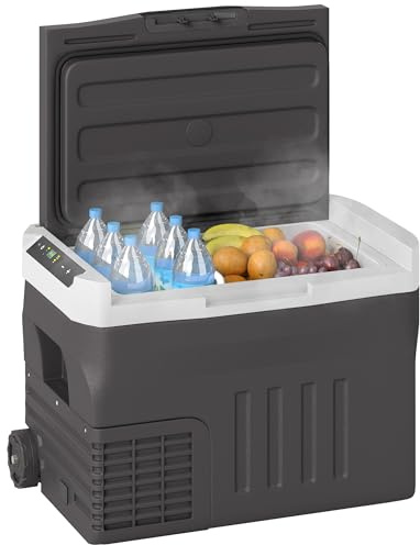 Outsunny 30 Liter Kompressor Kühlbox elektrische Tragbarer Kühlschrank mit LED ECO Modus Anschluss Teleskopstange Rad Kühlhaltefunktion Gefrierbox 12/24 100-240 Volt für Auto Camping Wohnmobil Boot