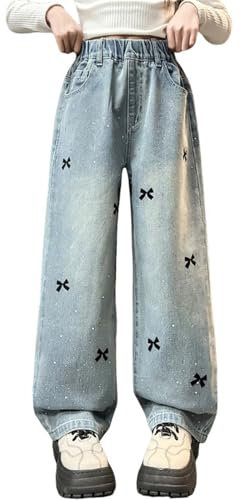 Generisch Jeans für Mädchen mit Herzmuster hohe Taille elastisch dehnbar weites Bein Denim-Hose Used-Look niedlich lässig Jeans Patch