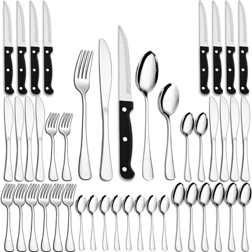 PionStar 40 Pieces Cutlery Set with Steak Knives, Cutlery Set for 8 People | Include Knives, Forks, Spoons, Teaspoons and Steak Knives, Dishwasher Safe, Mirror Polished