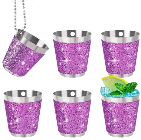 6 Stück Shot Becher Metall zum Umhängen, Schnapsgläser zum Umhängen 30ml Becher zum Umhängen, schnapsbecher Edelstahl mit Kette, Lila, Für Hochzeitsfeiern Karneval Geburtstagsfeier Bachelorette Party