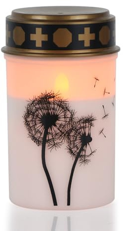 Eldnacele Grablicht LED mit Batterie für draußen, 6H Timer, 1 Stück | LED Grablicht für draußen, Grabkerze LED mit Batterie, wasserdicht, flackernde Flamme, Weiß, Pusteblumenmotiv, Gedenkkerze