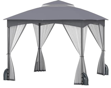 RELAX4LIFE Pavillon 3x3 m Wasserabweisend Stabil Winterfest, Gartenpavillon mit 4 Moskitonetz Seitenteilen & Doppeldach, Partyzelt mit 8 Bodenpfählen & 4 Sandsäcken, für Garten, Terrasse (Grau)