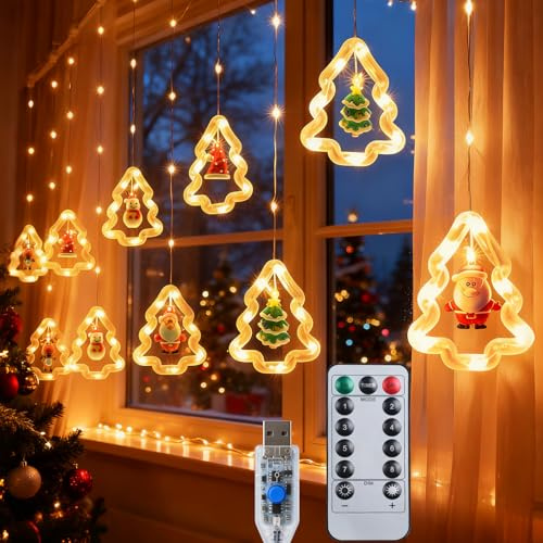 Ninonly Lichterkette Weihnachtsbaum Fenster 8 Leuchtmodi und Dimmfunktion 100 led Lichterkette Außen Fernbedienung mit Timer Weihnachtsfensterlichter für innen und Außenbereich Warmton