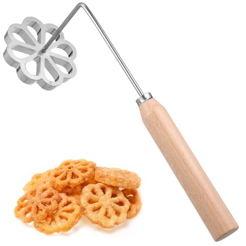 MOTHNUR Molde para Hornear Bunuelos con Mango Ergonómico de Madera, Aleación Robusta, Diseño Floral Detallado, Fácil Limpieza, Herramienta para Repostería Casera y Cocina