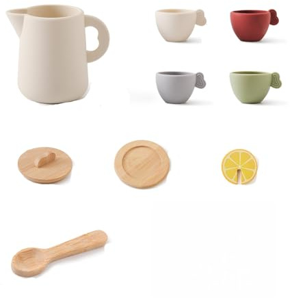 DiiWmme Wooden Tea Set for Toddlers, Pretend Play Tea Party Toy with Silicone Teapot and Cups, Montessori Learning Toy for Kids Ages 3+, Ideal Christmas Birthday Gift for Girls and Boys