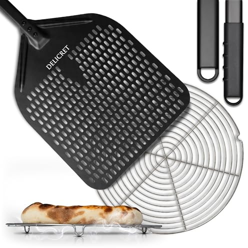 DELICRET Pizzaschieber perforiert 30x30 cm mit Abkühlgitter aus Aluminium | Ideal für Pizzaofen & Grill – perforierte Fläche für knusprige Pizza und einfaches Aufnehmen und Servieren.