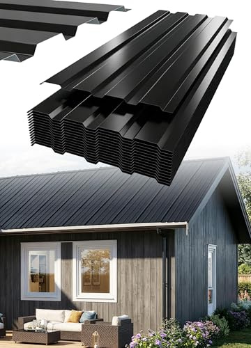 Abhpjuy Trapezblech 12x Wellplatten Dach Profilblech 129cm x 45cm ca. 7 m², Wellblechplatten für Dach, Dachbleche Dachplatten Rostresistent Verzinkte Wellblech für Garage, carport (Schwarz)