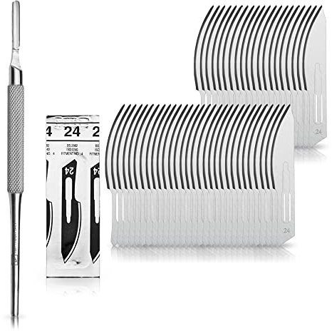 Set avec 50 x lames de scalpel N° 24 - Lame stérile en acier au carbone et 1 x May - manche de scalpel Figure N° 4 avec manche rond en acier inoxydable