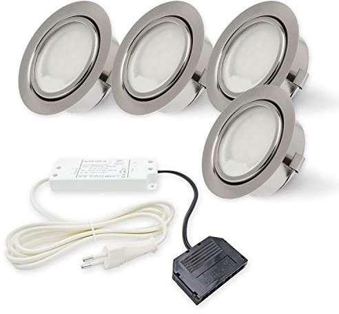 Rolux LED Möbeleinbauleuchte & Einbauleuchte flach 4er-Set inkl. Trafo – DF-9251B-2, 230V Anschluss, 4x 2,5W, warmweiß 3000K, Bohrloch 55–60mm, Einbaustrahler für Küche & Schrank, G4 wechselbar