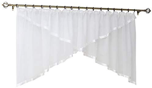 Joyswahl Voile Scheibengardinen Kuvertstore Gardinen mit Kräuselband »Flora« Kurzstore mit farbigen Satinband Vorhänge BxH 300x100cm Weiß 1er Pack