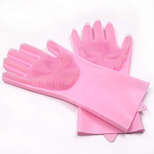 Silicone Dish Scrubber Gloves Reusable Heat Resistant for Dish Washing Cleaning Kitchen Bathroom Car Washing Large Non-Latex Sponge Gloves in Trendy Colors (Pink)