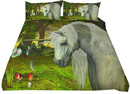 Stillshine Bettbezug Einhorn Wald Blume 3D Tier Weiß Pferd Bettwäsche Bettbezug und Kissenbezug Blau Rosa Grün Bettwäsche Set Einhorn (Einhorn 4, Einzelbett 135x200 cm)