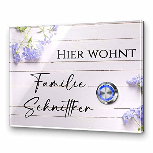 Premium Designer Türklingel mit Namen - Wunschtext | LED-Klingelknopf 13x10 cm | beschriftete Klingel aus Hochglanz Acrylglas und Edelstahl Klingelschild Taster beleuchtet - Modell Bauer