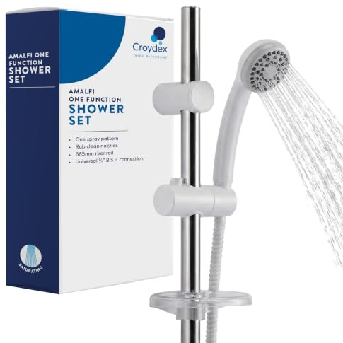 Croydex Amalfi Complete White Shower Kit | Shower Head | 66.5cm Vari-fit Riser Rail | 1.5m Shower Hose | Adjustable Slider | Rub Clean Nozzles