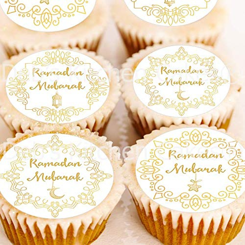 Ramadan Mubarak Cake Toppers - Gold Cupcake Decoartions - Icing or Wafer - 4cm x 24 (Icing)