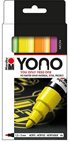 Marabu 1240000004000 - YONO Marker Set Neon mit 4 Farben, vielseitige Acrylstifte mit japanischer Rundspitze 1,5 - 3 mm, wasserbasiert, lichtecht und wasserfest, für nahezu alle Untergründe